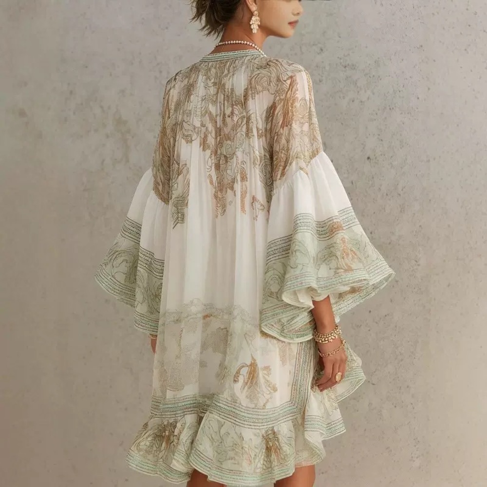 Zimmermann Elegant Green & Cream Ruffled Short Dress - Picture 2 of 4